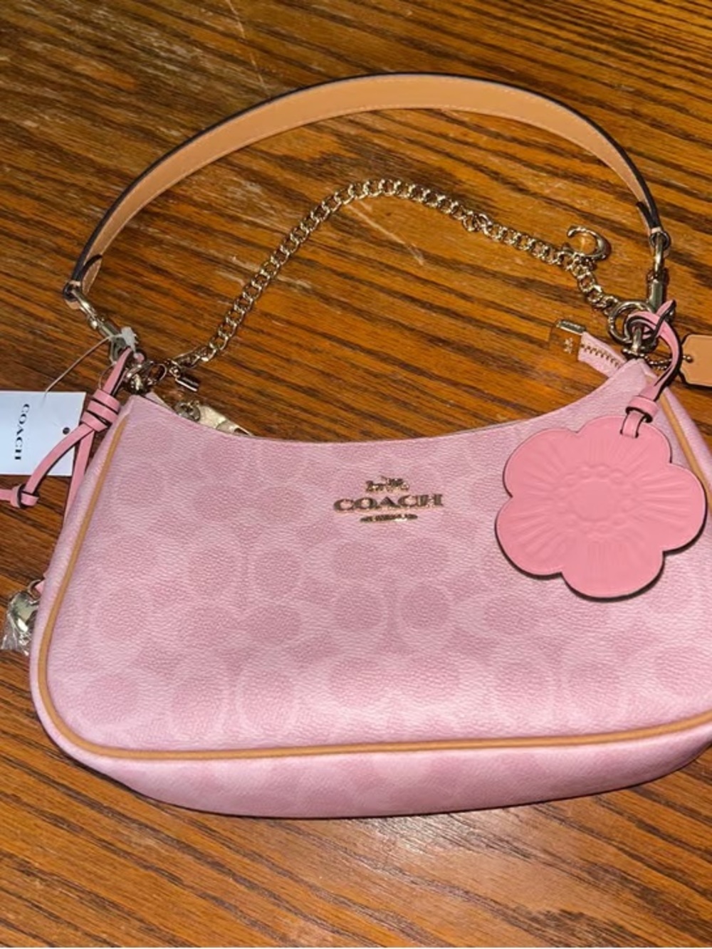 Coach Pink Signature Mini Shoulder Bag with Floral Charm